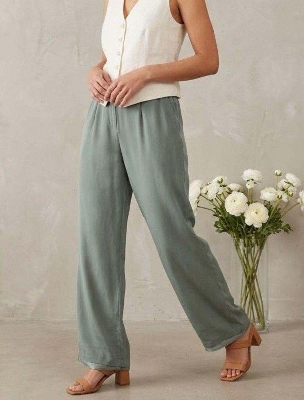 Vintage 100% Silk Wide Leg Palazzo Trousers Sage Green High Rise Size 16